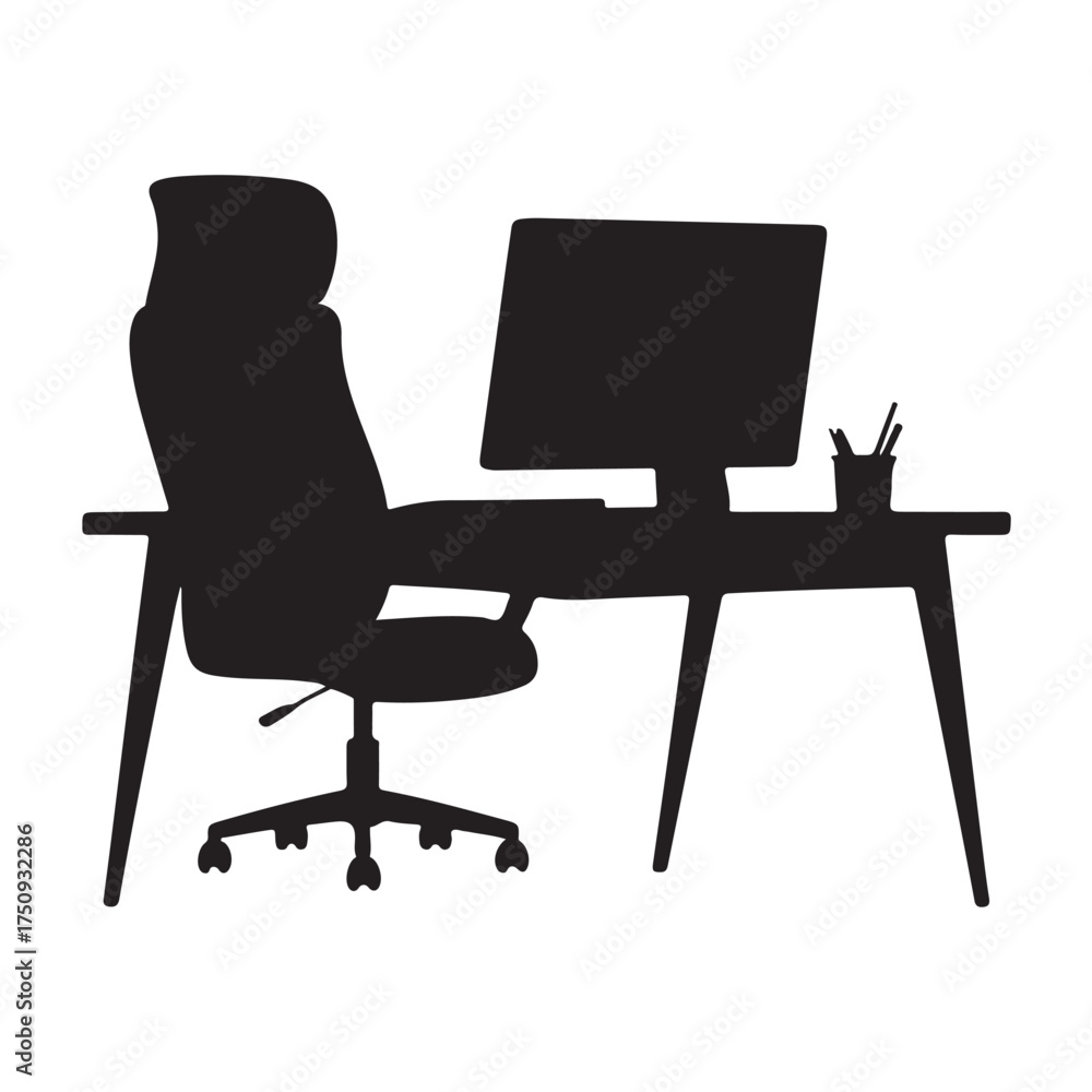 Fototapeta premium Silhouette of an office desk with a computer, chair, and desk accessories, isolated on white background