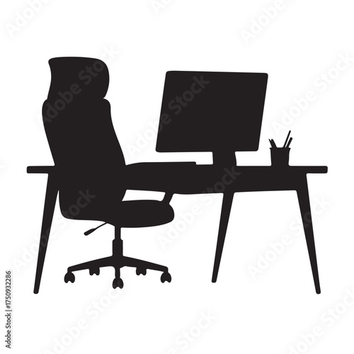Silhouette of an office desk with a computer, chair, and desk accessories, isolated on white background