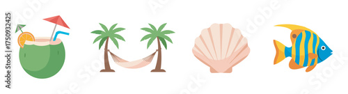 Collection of tropical vacation icons including a coconut cocktail, palm trees with a hammock, a seashell, and a colorful tropical fish.