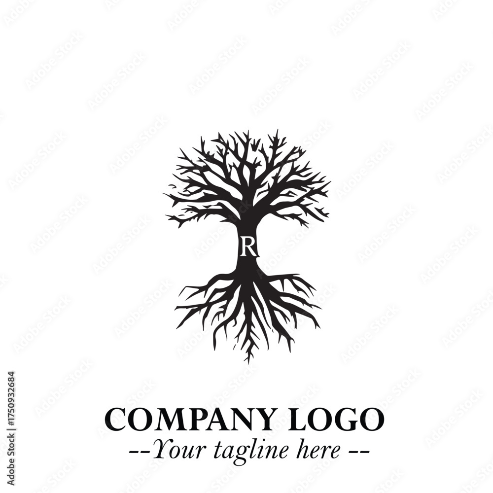 Naklejka premium Root of the Tree Logo Symbol in Black and White Minimalist Vector Illustration Design