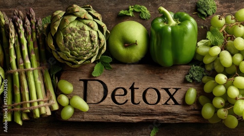 Detox Text with Green Fruits and Vegetables: Apples, Grapes, Lime, Broccoli, and Asparagus