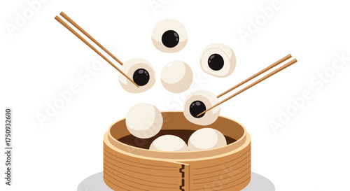 Delicious round dumplings with dark centers being picked up by chopsticks from a bamboo steamer.