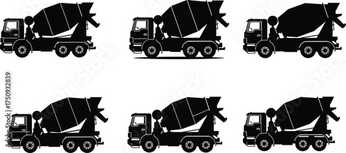 Industrial cement mixer truck vector illustration set, construction vehicle silhouettes, heavy machinery transport design, concrete mixing equipment graphic collection