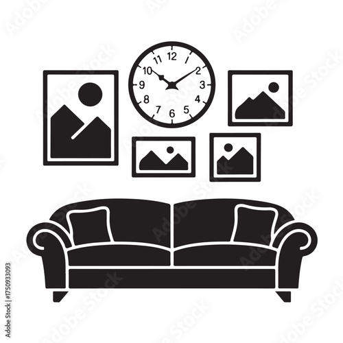 Silhouette of a sofa with decorative pillows and framed pictures on the wall above, isolated on white background
