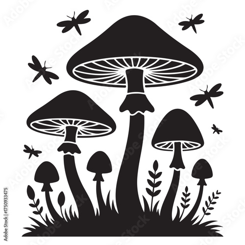 Silhouette of mushrooms and dragonflies in a forest setting, isolated on white background