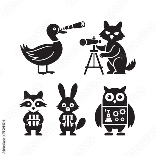 Silhouette of various animals using telescopes and binoculars, isolated on white background