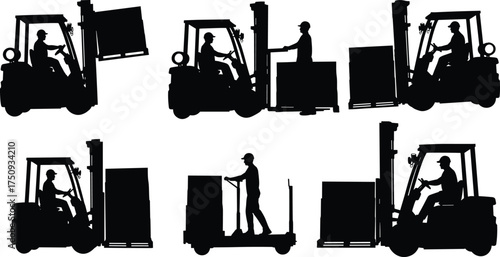 Industrial forklift and pallet jack silhouettes with workers handling warehouse logistics, lifting pallets, transporting goods, material handling equipment vector illustration