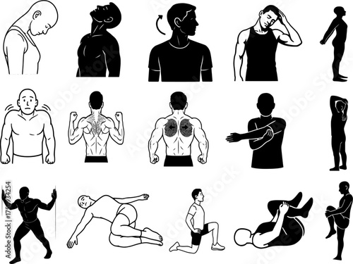 Physio Stretch: Solid vector set of human body flexibility and mobility exercises showing core, neck, shoulder & hip stretches, anatomy & physiotherapy illustration collection for posture