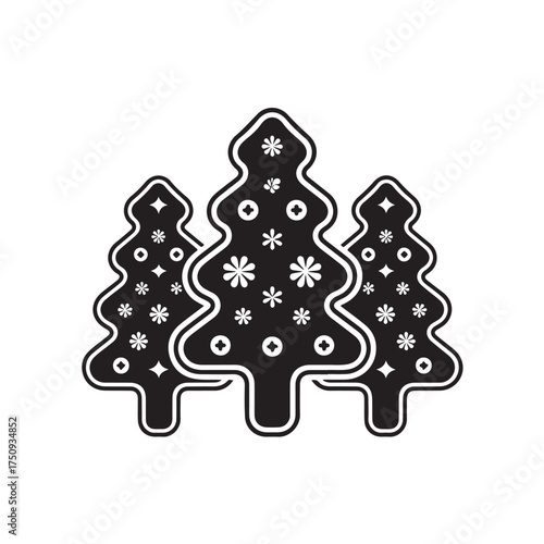 Three stylized christmas trees with snowflake decorations isolated on white background