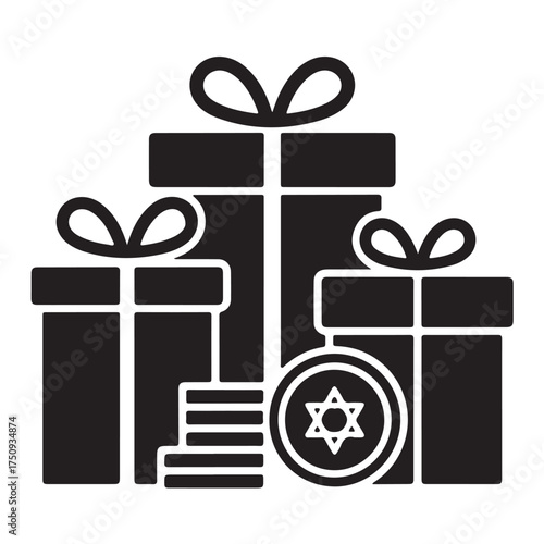 Three gift boxes with ribbons and a stack of coins, one coin featuring the star of david, isolated on white background