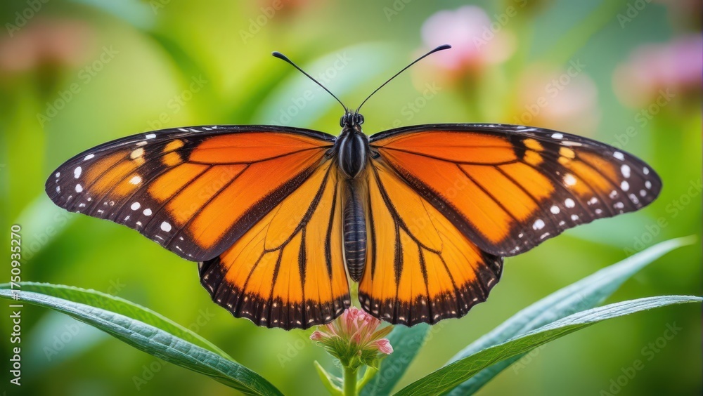 Fototapeta premium Delicate wingspan of a monarch butterfly on a leaf