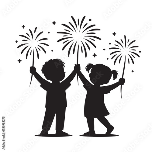 Two children silhouetted holding sparklers with fireworks and stars isolated on white background