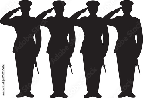 Soldiers saluting in silhouette, honoring and respecting