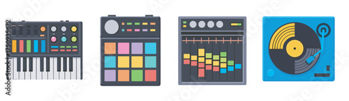 Colorful digital music production equipment including a keyboard, pad controller, equalizer, and turntable displayed in a row.