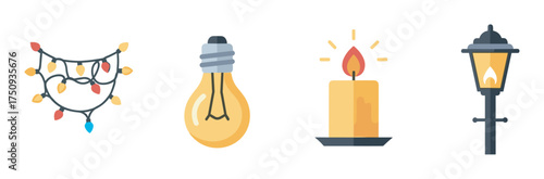 Four lighting objects including colorful string lights, a classic light bulb, a burning candle, and a vintage street lamp.