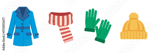 A blue winter coat, a red and white striped scarf, green gloves, and a yellow knit hat with a pom-pom are displayed in a simple arrangement.