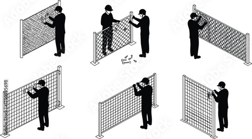 Step by step chain link fence installation process with workers, tools, construction guide, DIY home improvement, vector illustration design