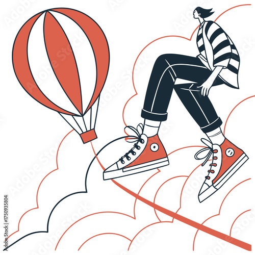 Illustration of a person walking on a tightrope with a hot air balloon in the background.