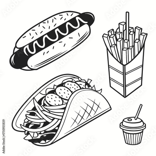 A set of vintage-style, black and white illustrations of classic fast food items including a hot dog, french fries, a taco, and a soda.
