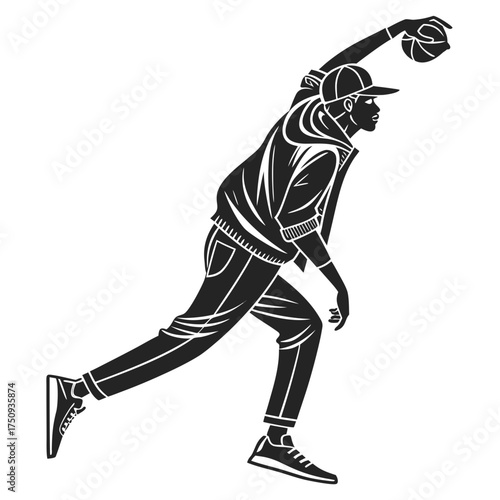A black and white vector illustration of a young man in a hoodie and cap throwing a basketball.