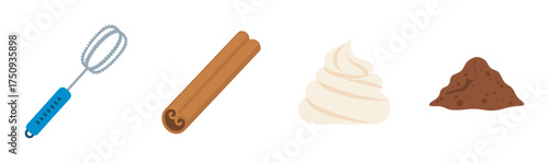 Whisk, cinnamon stick, whipped cream, and cocoa powder are arranged in a row, representing dessert preparation ingredients.