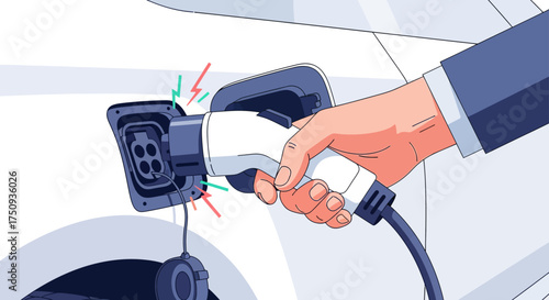electric car charging hand plugging in ev charger at a station promoting eco-friendly mobility and sustainable transport solutions for the future.