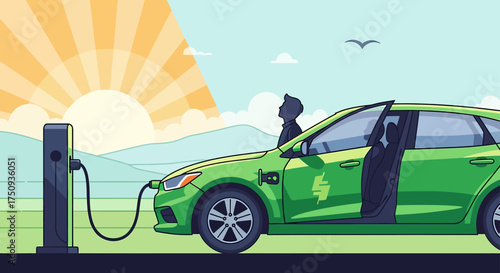 electric car charging man watching his green electric car being charged in a scenic countryside on a sunny day illustrating sustainability