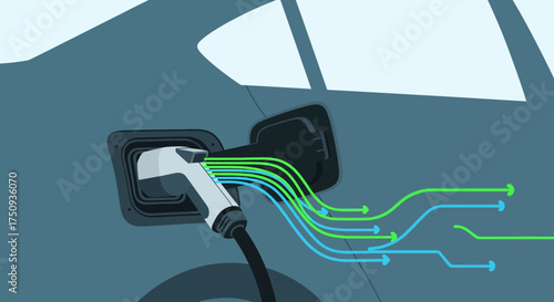 electric car charging plugging in an ev at a station with energy flowing as green  blue lines showing sustainability  modern transport tech