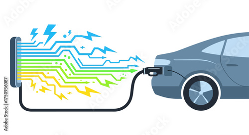 electric car charging powering a blue ev with green yellow and blue energy a clean transport solution promoting sustainable mobility.