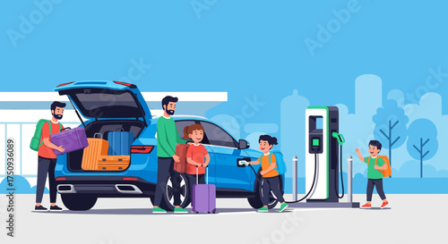 electric car charging station family loading luggage for road trip at ev charge point illustrating green travel and sustainable transportation