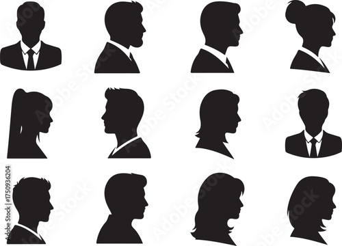 Vector art of collection of diverse silhouette portraits showcasing various hairstyles and facial profiles, representing a wide range of individuals in a simple, elegant design