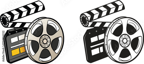 Two film reels with clapperboards silhouette isolated on white background