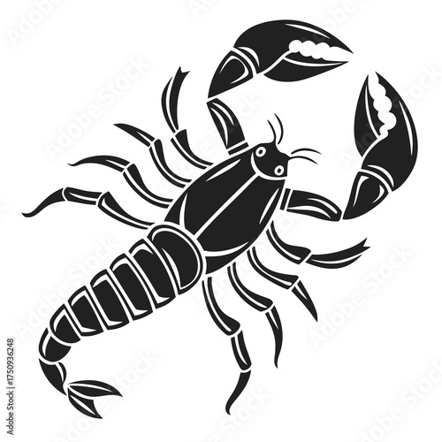 A stylized black silhouette of a scorpion with its claws raised and tail curved upwards.