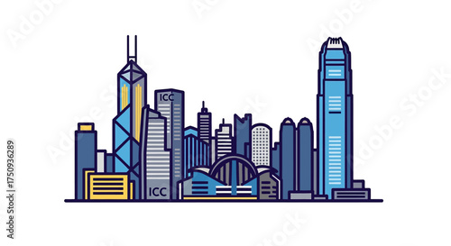 Hong kong city skyline illustration showcasing the iconic skyscrapers perfect for illustrating business finance and travel in asia urban development