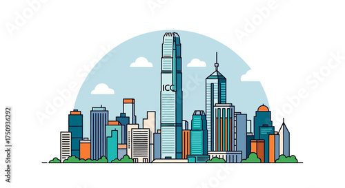 Hong kong cityscape illustration with modern skyscrapers depicting urban development ideal for architectural presentations and business promotions.