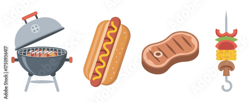 Grilled barbecue items include a hot dog in a bun, a juicy steak, and a colorful skewer with vegetables and corn.