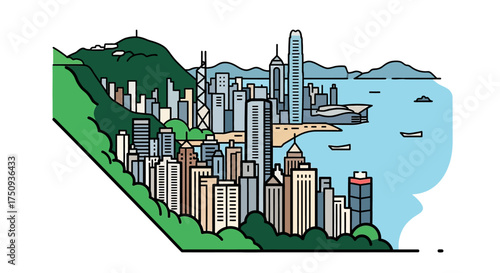 hong kong skyline illustration showcasing victoria harbours cityscape depicting urban development and tourism for travel promotion materials.