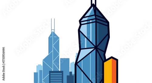 hong kong skyline illustration showcasing the bank of china tower and central plaza against a white background ideal for travel and finance reports.