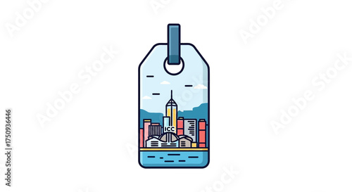 hong kong skyline illustration on a tag showcasing iconic architecture against a blue backdrop ideal for travel tourism  urban exploration themes.