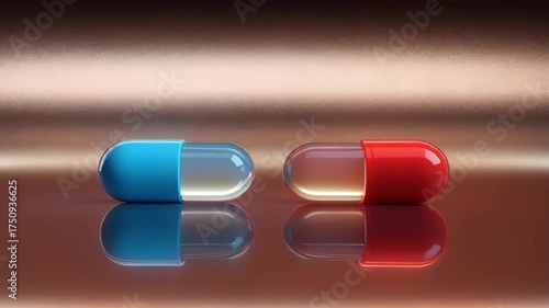 Two glowing capsules, one blue and one red, reflecting on a shiny surface against a black background. Concept of choice, medicine, and decision making.