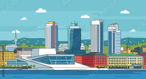 oslo cityscape illustration vibrant buildings under cloudy skies reflecting on water ideal for travel blogs architectural showcases urban planning visuals.