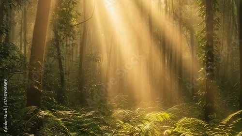 Golden Sunbeams Pierce Dense Forest Canopy Illuminating Lush Green Ferns and Towering Trees
