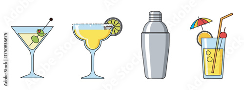 Colorful illustrations of four cocktail elements, including a martini glass with olives, a margarita with a lime slice, a cocktail shaker, and a tropical drink with a straw.