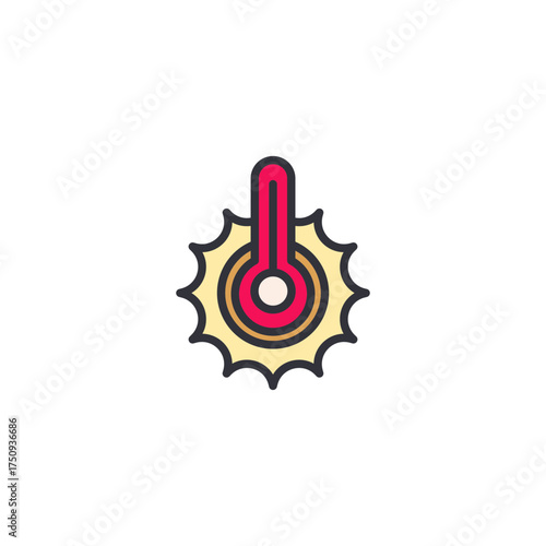 A thermometer icon with temperature symbols representing hot and cold climate, temperature changes, and weather forecasting.