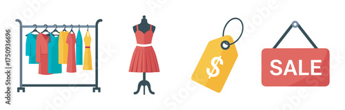 Colorful women's dresses on a clothing rack, a red dress on a mannequin, a yellow price tag with a dollar sign, and a red sale sign.
