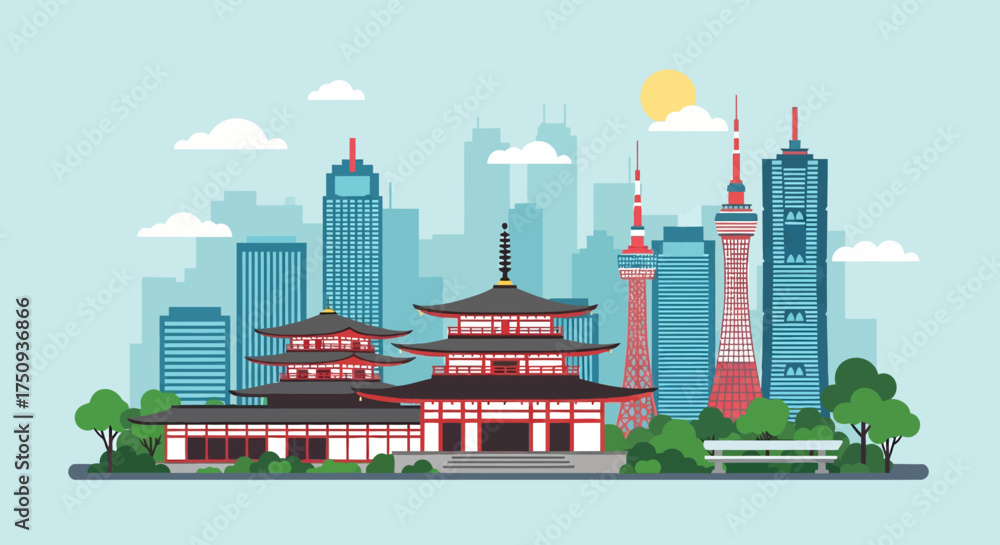 Obraz premium traditional japanese architecture amidst tokyo skyline with modern buildings illustrating japans blend of history and innovation perfect for travel blog