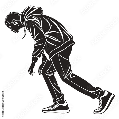 Silhouette of a young man in a hoodie and sneakers in a dynamic pose, possibly dancing or exercising.
