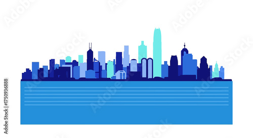 vibrant city skyline illustration dynamic urban landscape with modern buildings reflecting on calm waters ideal for showcasing urban planning  progress.
