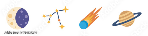 Four stylized astronomical icons, including a crescent moon, a constellation, a flaming meteor, and a ringed planet, displayed in a row.