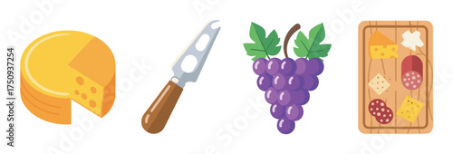 Collection of colorful illustrated food icons featuring a round wheel of cheese, a cheese knife, a bunch of grapes, and a wooden charcuterie board with assorted snacks.